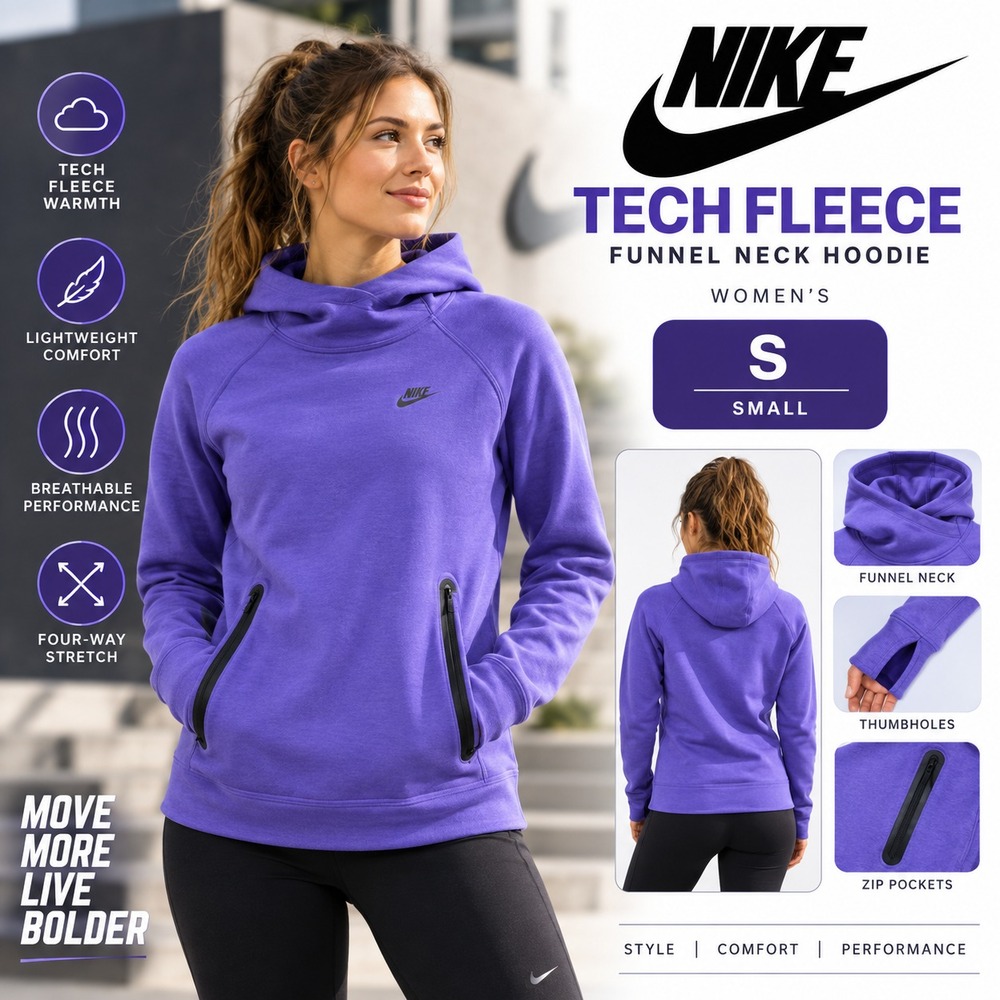 Nike Tech Fleece Women S Purple Funnel Neck Hoodie Pullover Thumbholes Zip Pkt